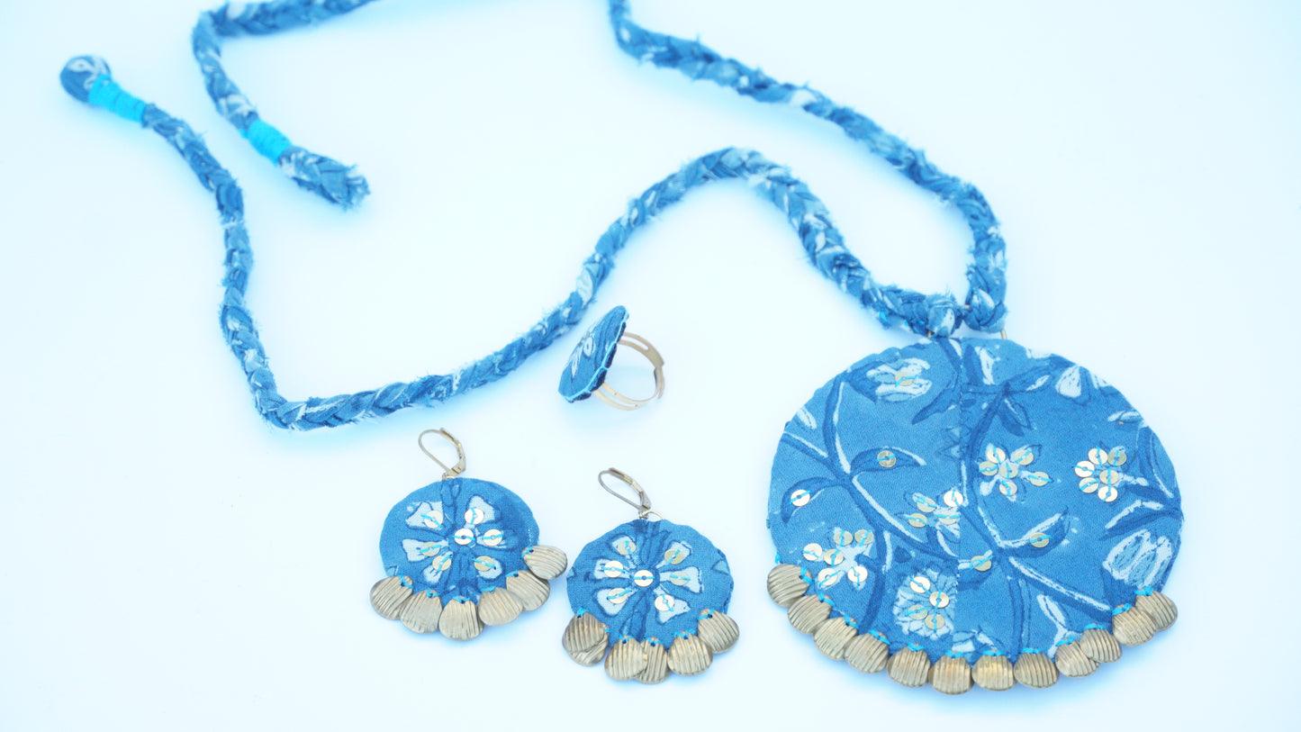 Denium colour necklace, earrings and ring set