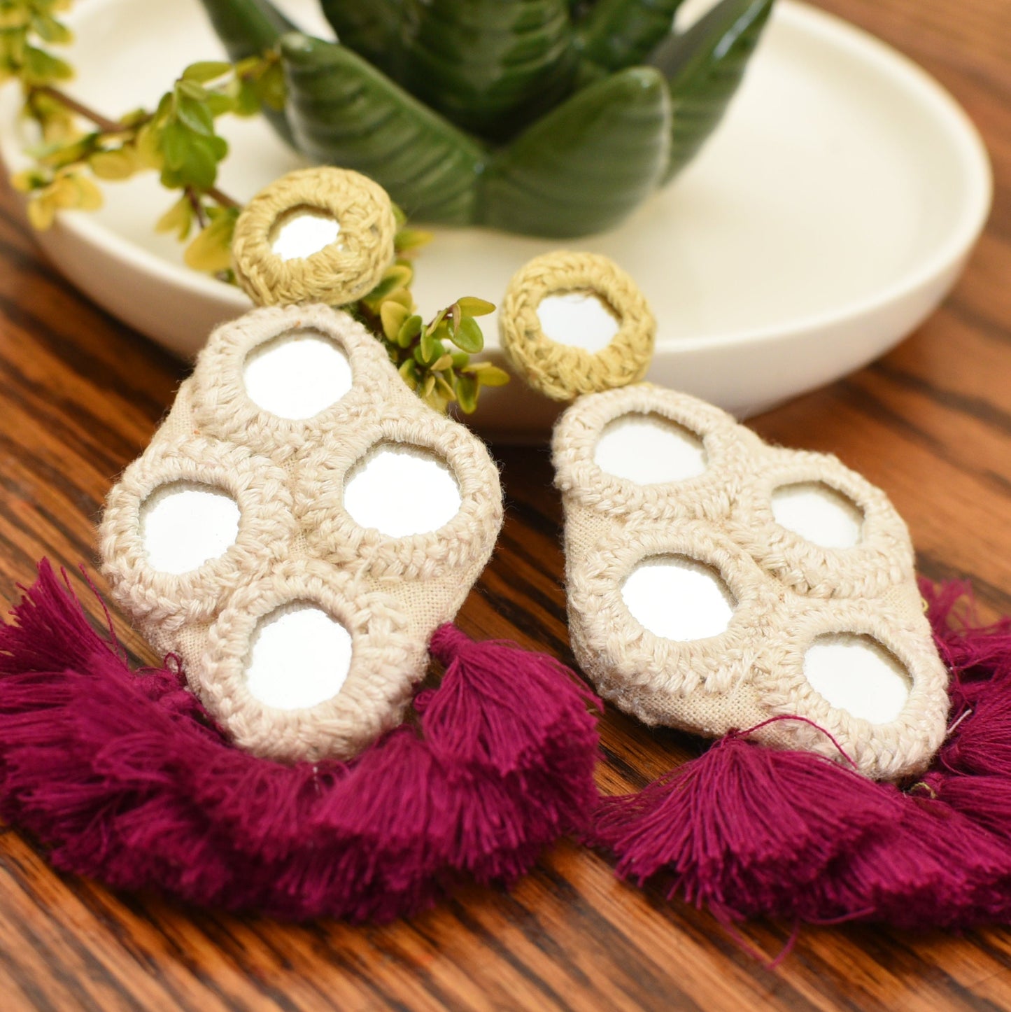White mirror tassel earrings