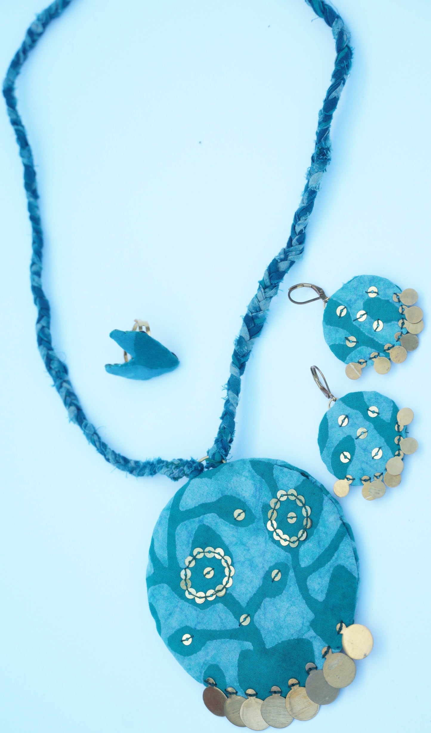 Green fabric necklace, earrings and ring set